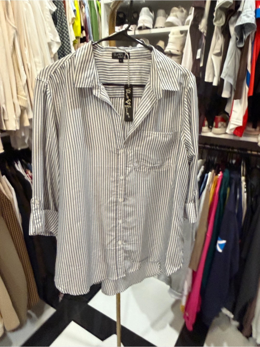 Velvet Heart Navy and White Vertical Stripe Button-Down Shirt